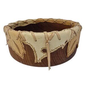 Wood Bowl 12" Leather Overlay Handmade Possibly Native American Round Wooded